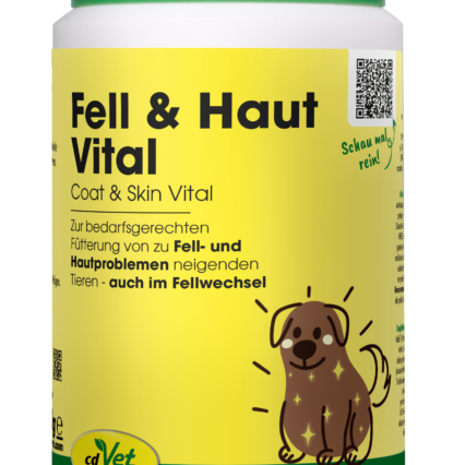 Pet supplement bottle labeled 'Fell & Haut Vital' with a cartoon dog on the yellow label and a green cap (cdVet logo visible).