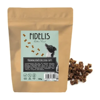 Brown pouch packaging for Fidelis dog treats with a light blue label featuring a dog looking up at bone-shaped treats; some treats lie to the side.