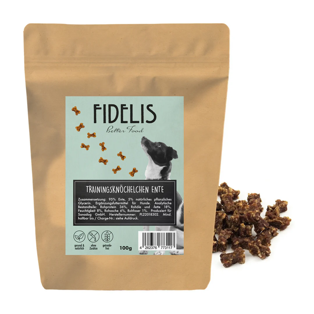 Brown pouch packaging for Fidelis dog treats with a light blue label featuring a dog looking up at bone-shaped treats; some treats lie to the side.