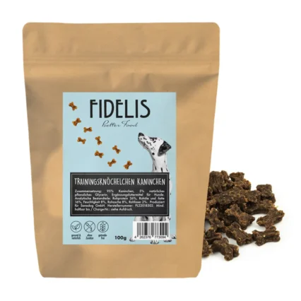 Bag of Fidelis dog treats with a blue label showing a dog and small bone-shaped morsels; contains training bones for dogs (100 g)