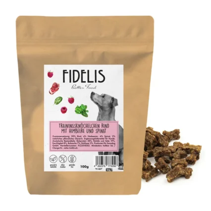 Fidelis dog training treats in a brown resealable bag with label showing raspberries, spinach, and a dog illustration (100 g)