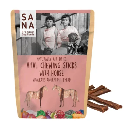 Packaging for Sana premium dog foods: pink label with vintage photo, shows two girls and a dog, horse chews promotion.