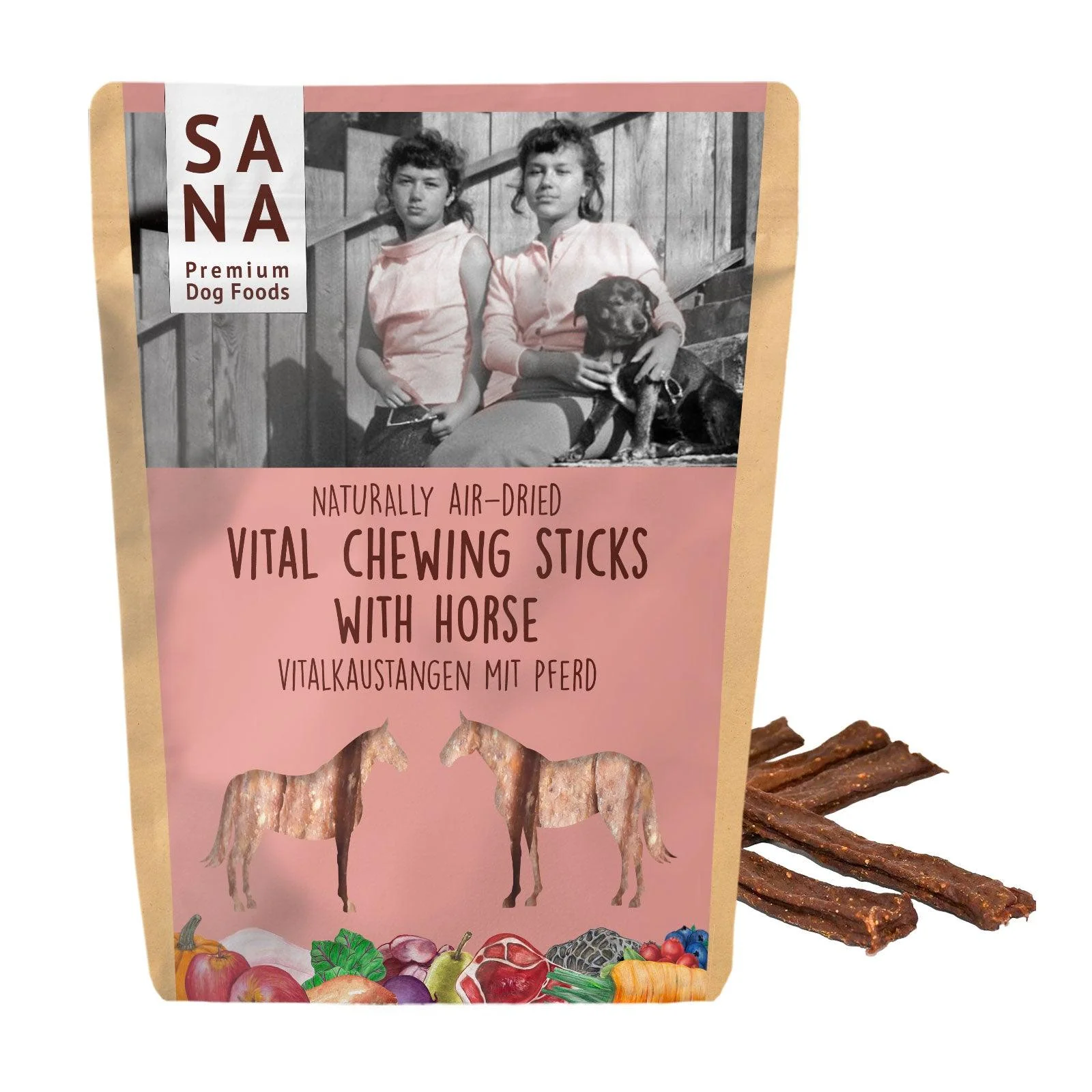 Packaging for Sana premium dog foods: pink label with vintage photo, shows two girls and a dog, horse chews promotion.