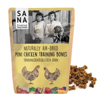 Package for SANA Premium Dog Foods with a black-and-white photo and the text 'Naturally Air-Dried Mini Chicken Training Bones' on a yellow pouch.