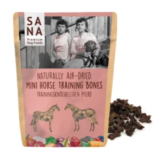 Sana Premium Dog Foods package for naturally air-dried mini horse training bones with horse illustrations on pink label.
