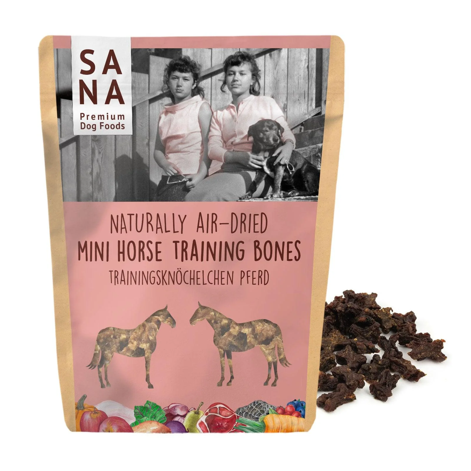 Sana Premium Dog Foods package for naturally air-dried mini horse training bones with horse illustrations on pink label.