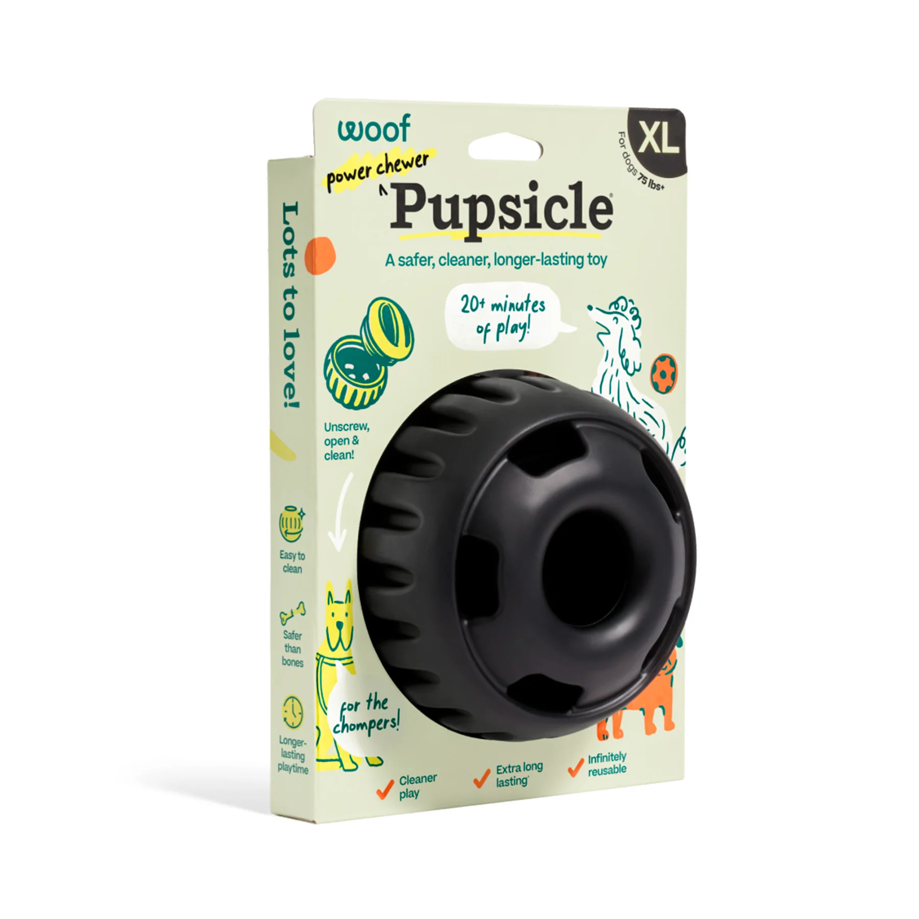 Pupsicle dog toy in pale packaging with big 'Pupsicle' logo and a black chew ball visible, XL size for dogs up to 75 lbs, on display.