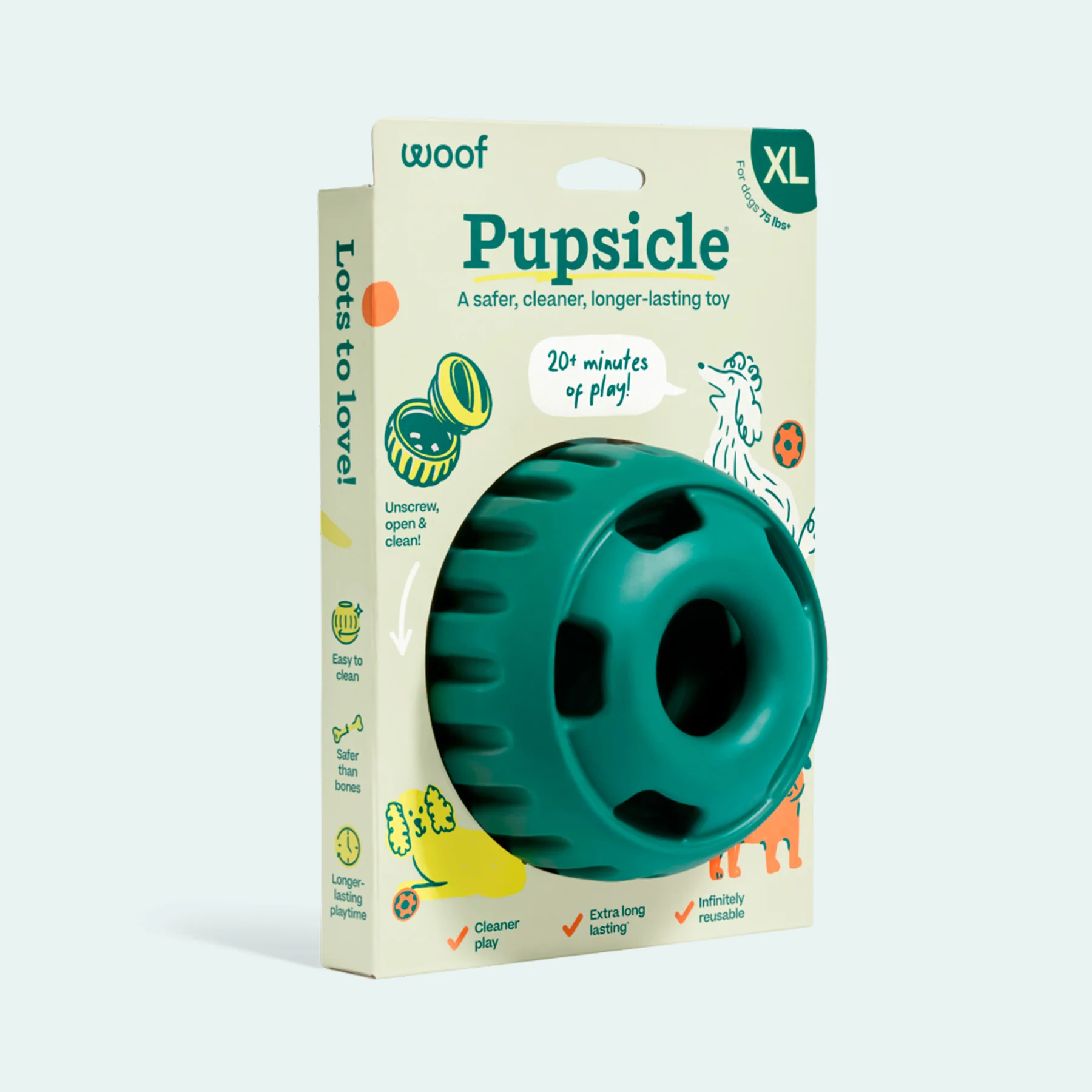 Packaging for a Pupsicle dog toy by Woof, XL size, teal hollow ring seen emerging from box.