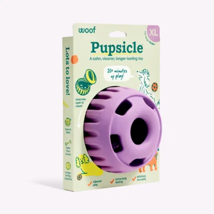 Pupsicle dog toy packaging: purple hollow ball partially visible, large Pupsicle logo, XL size for dogs up to 75 lbs.