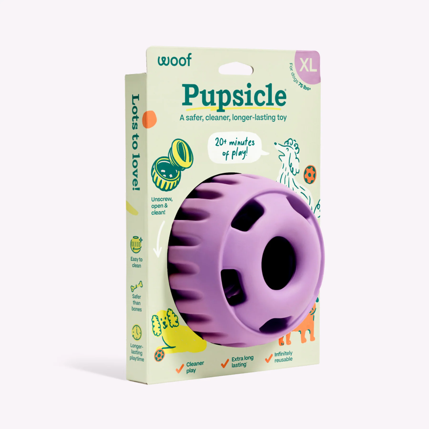 Pupsicle dog toy packaging: purple hollow ball partially visible, large Pupsicle logo, XL size for dogs up to 75 lbs.