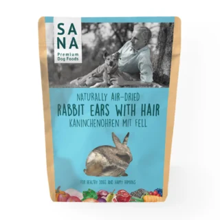 Packaging for Sana Premium Dog Foods with a man and dog on label; text reads 'Naturally Air-Dried Rabbit Ears with Hair' (dog treat bag).