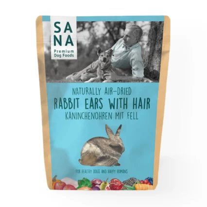Packaging for Sana Premium Dog Foods with a man and dog on label; text reads 'Naturally Air-Dried Rabbit Ears with Hair' (dog treat bag).