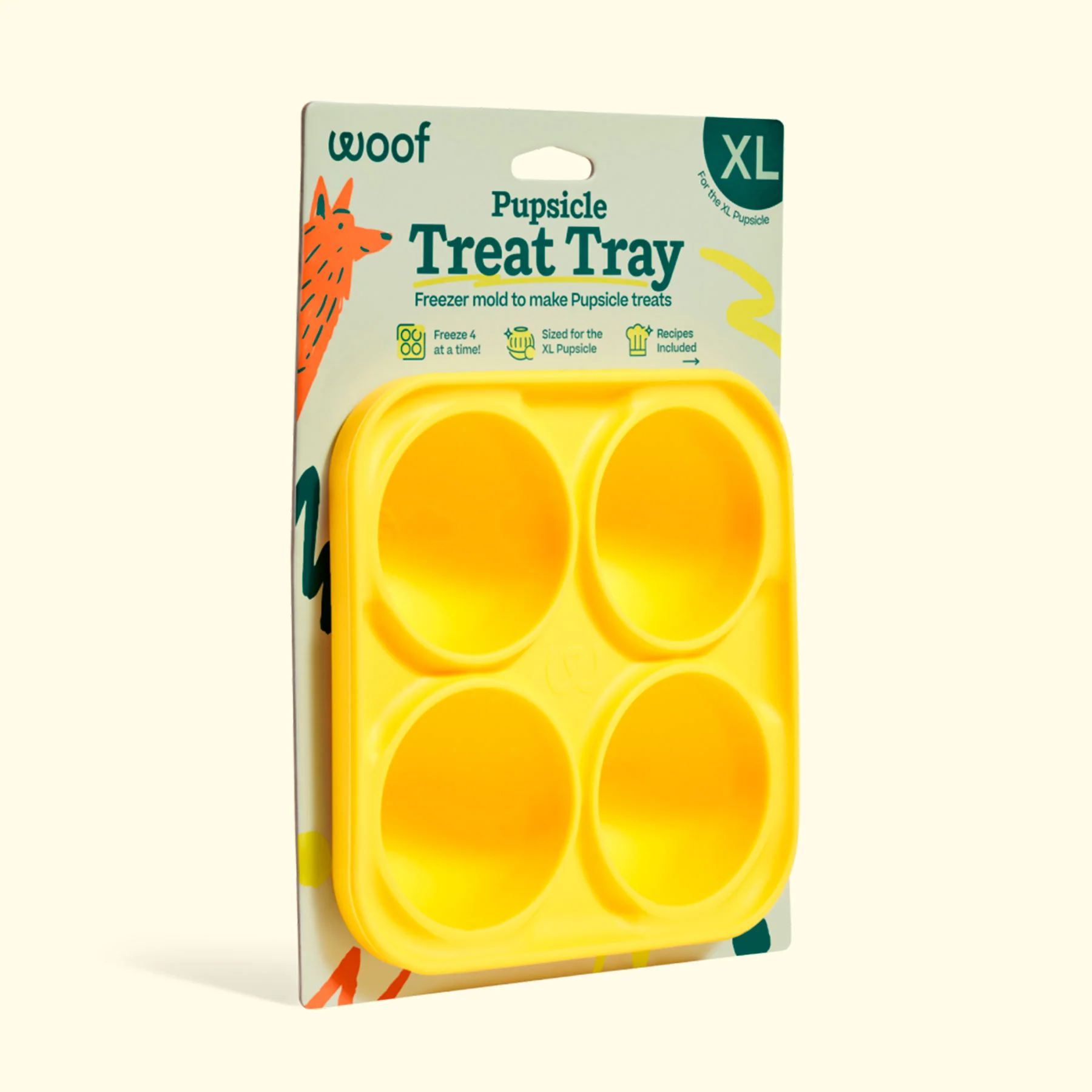 Packaging for Woof Pupsicle Treat Tray XL with yellow silicone tray, dog illustration on left, and product name on gray card.