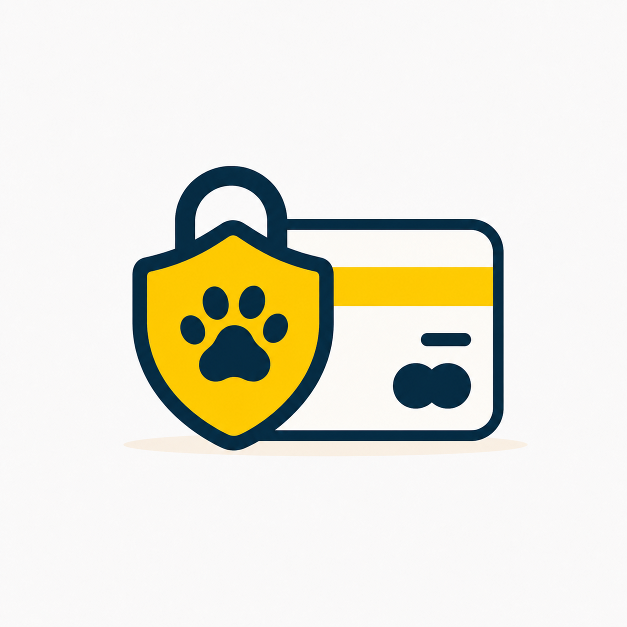 Pet insurance concept: yellow shield with a blue paw in front of a credit card, symbolizing protection for pets.