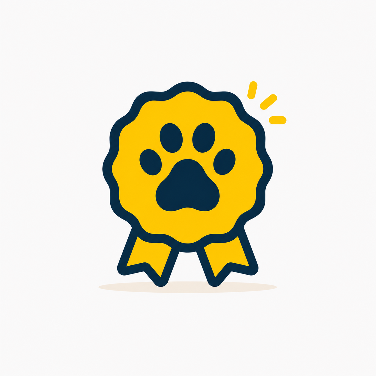Award ribbon icon: yellow circular badge with a dark blue paw print and blue edges, two tails at bottom with a light shadow.