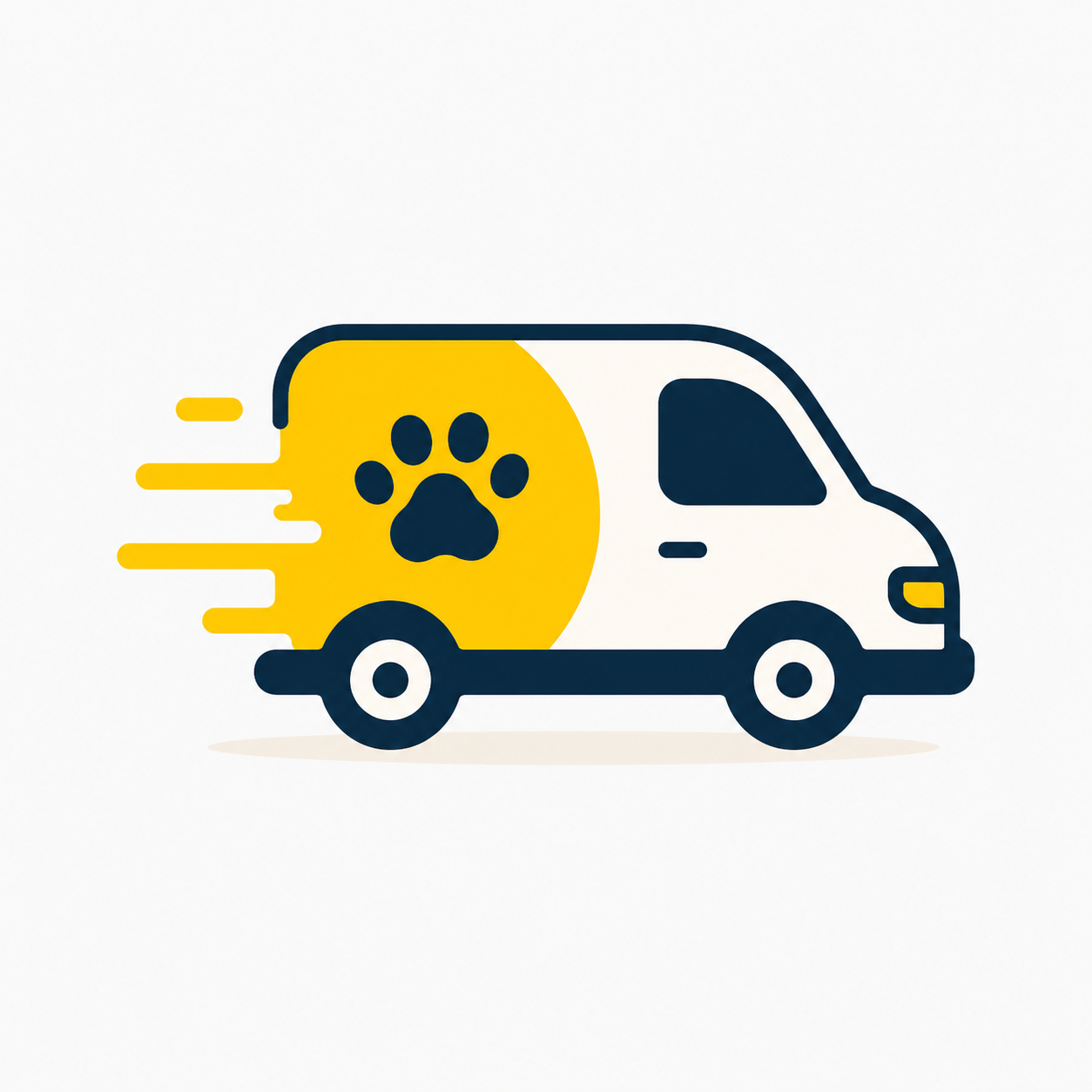 White and navy van with a large yellow circle paw print on the side, suggesting fast pet transport services