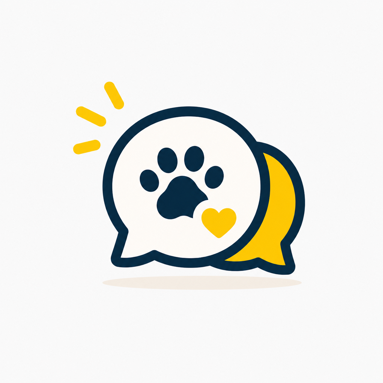 Overlapping speech bubbles with a paw print and a small yellow heart, representing pet-friendly chat.