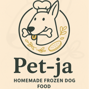 Pet-ja logo: cartoon dog in a chef's hat inside a circle, with bones; text reads 'Pet-ja' and 'Homemade Frozen Dog Food'.