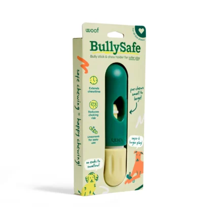 Product packaging for BullySafe chew holder, a dog chew accessory for safer play and extended chew time on a light beige box.