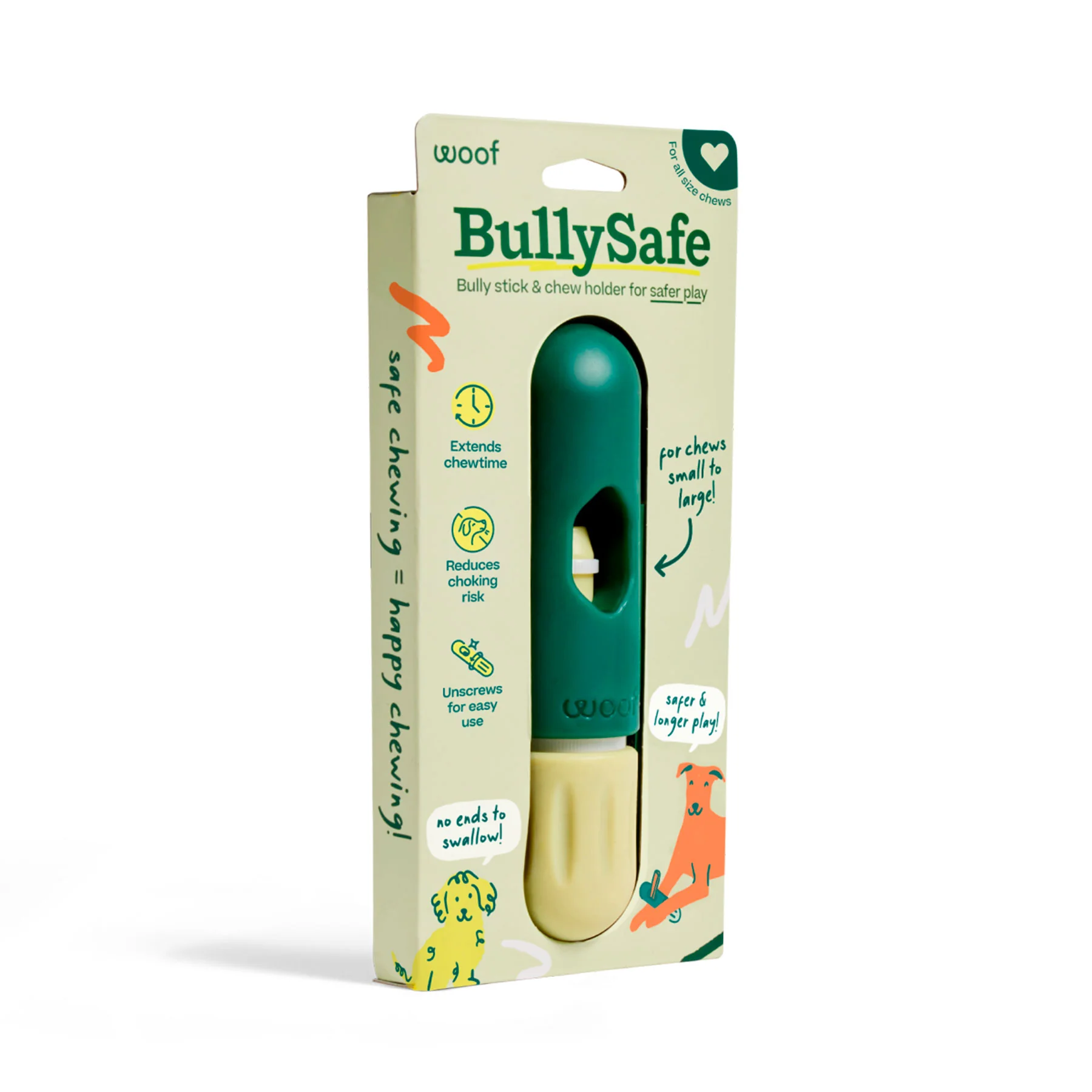 Product packaging for BullySafe chew holder, a dog chew accessory for safer play and extended chew time on a light beige box.