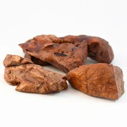 Beef jerky pieces on a white background.