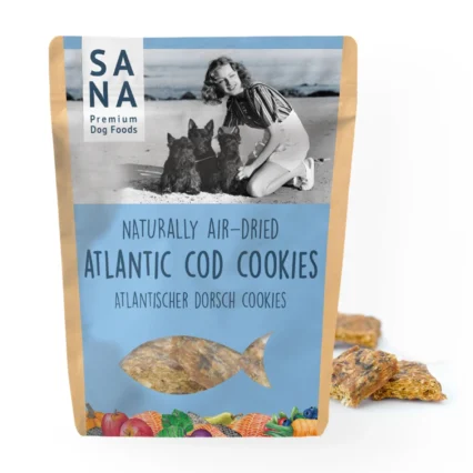 Bag of SANA Premium Dog Foods naturally air-dried Atlantic cod cookies for dogs, featuring a vintage photo on the front.