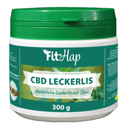 Jar of CBD Leckerlis treats with a green lid and teal label, 300 g