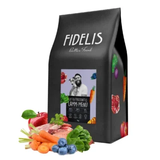 Black Fidelis Better Food packaging bag with meat and produce illustrations around it, set against a white background.
