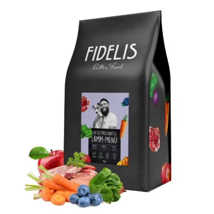 Black Fidelis Better Food packaging bag with meat and produce illustrations around it, set against a white background.