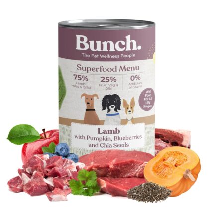 Can of Bunch pet food labeled Superfood Menu: Lamb with pumpkin, blueberries and chia seeds, surrounded by raw meat and produce