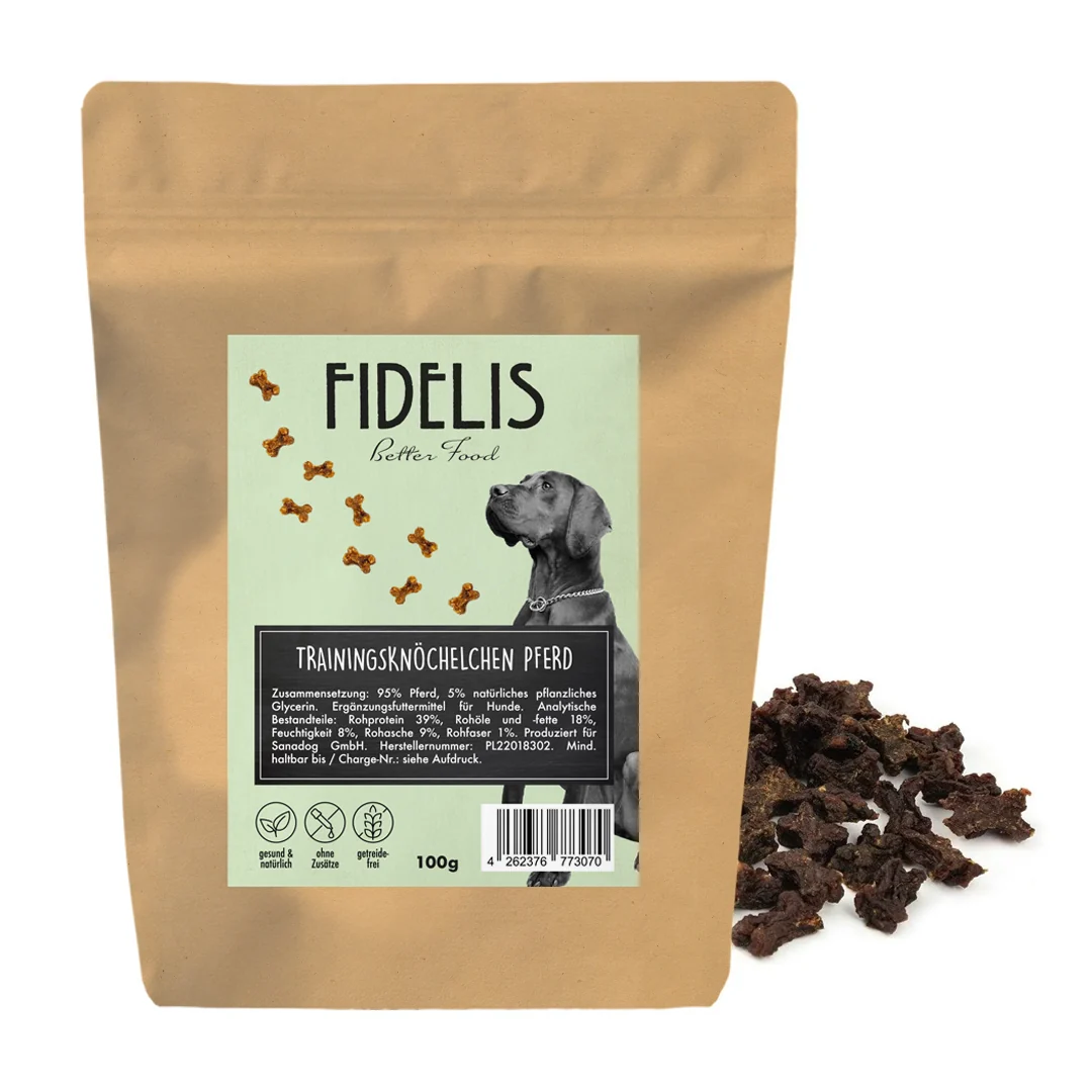 Bag of Fidelis dog training bones with a mint-green label showing a dog silhouette and scattered treats next to the package, 100 g.