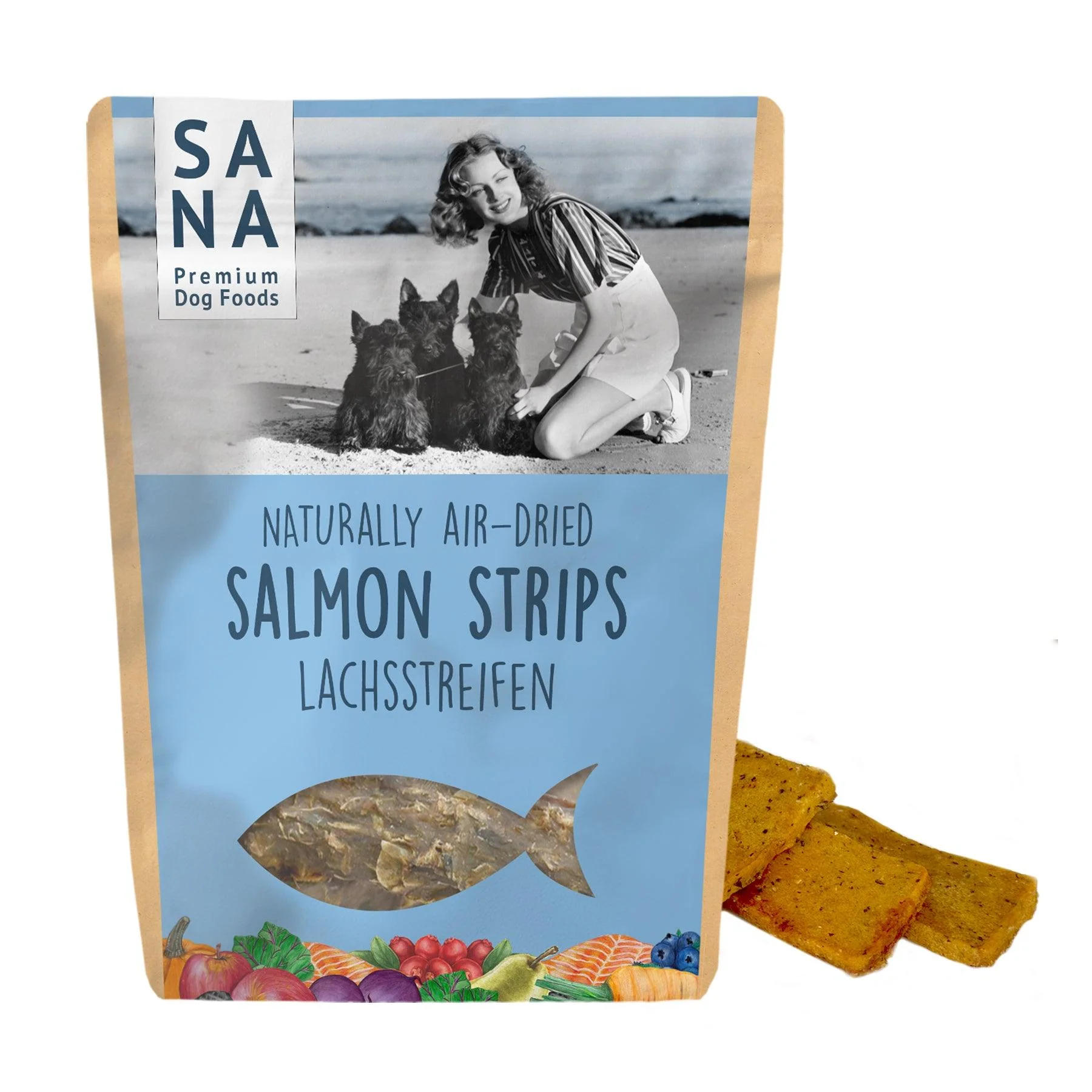 Dog treat package for salmon strips (SANA Premium Dog Foods) with a vintage photo of a woman and two dogs on a beach.