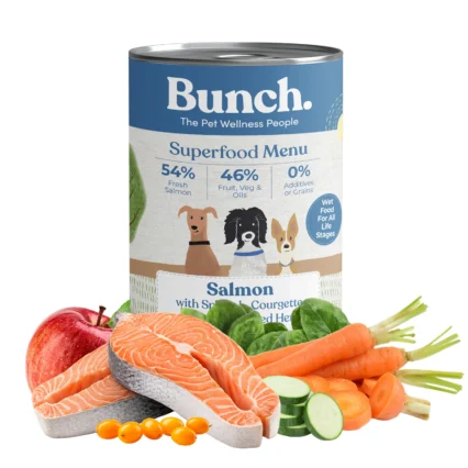 Canned dog food from the brand Bunch, Salmon flavor, with dog illustrations on the label and fresh vegetables around the can in the scene.