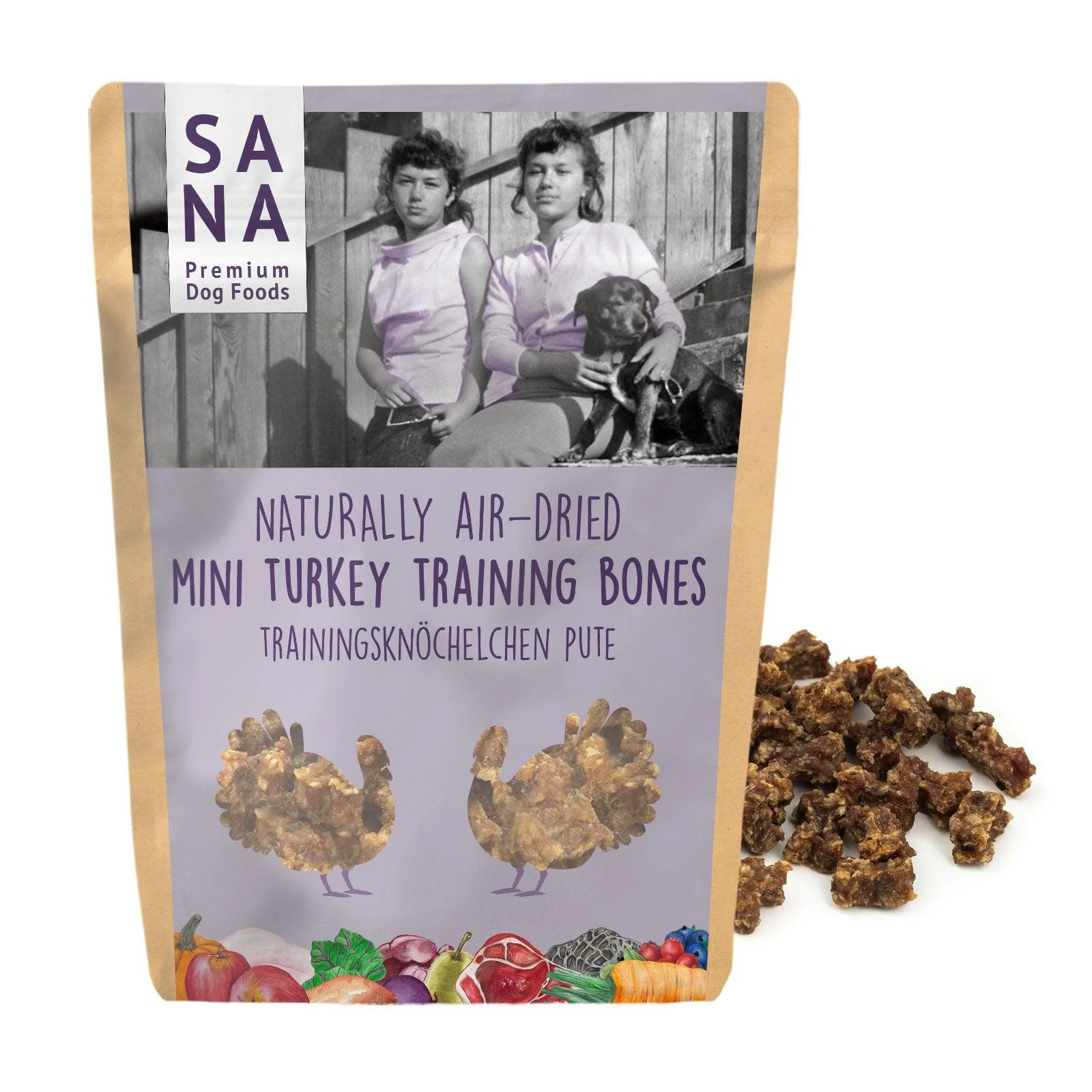 Dog treat bag labeled SANA Premium Dog Foods, with a black-and-white photo and the text 'Naturally Air-Dried Mini Turkey Training Bones'