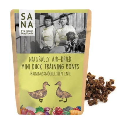 Bag of naturally air-dried mini duck training bones dog treats with a vintage photo and yellow label