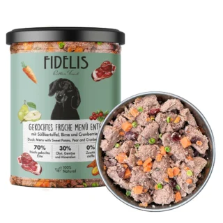 Fidelis dog food jar beside a bowl of chunky wet dog food with carrot and pea pieces.