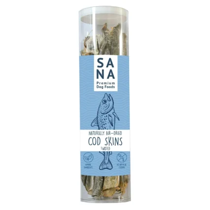 Packaging for SANA Premium Dog Foods: air-dried cod skins in a clear cylindrical tube with a blue label featuring a fish illustration and bold 'SANA' branding.